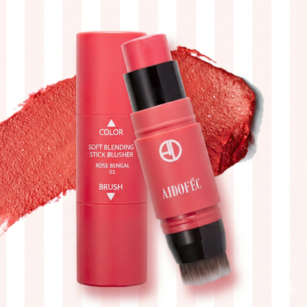 AIDOFEC Stick Blush with Blending Brush - Long-lasting, Natural Color (Rose Red)